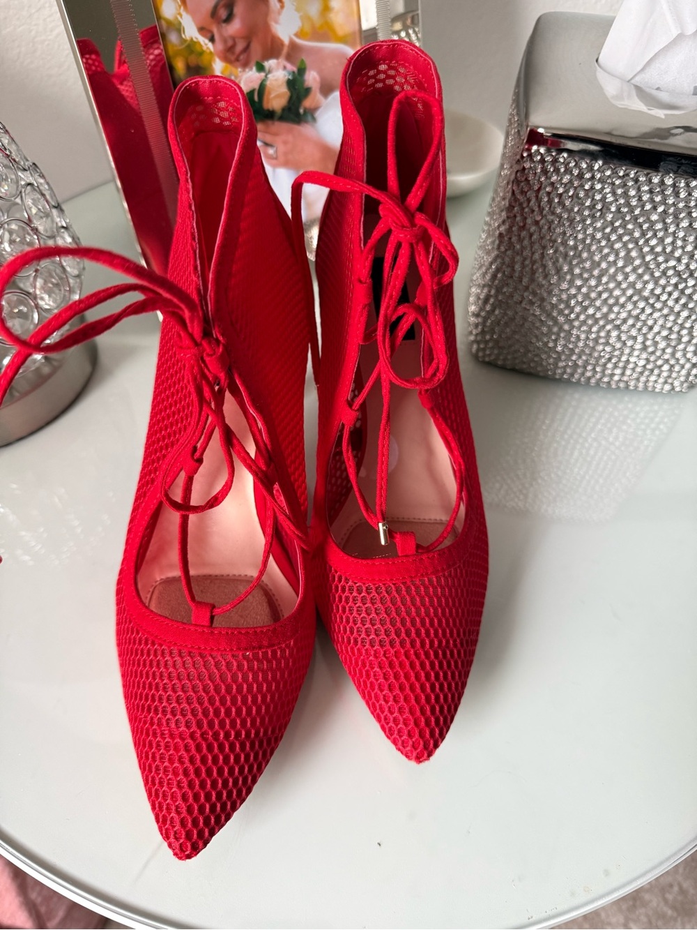 Jones New York Red Lace-Up Mesh Pointed-Toe Heels - Picture 6 of 7